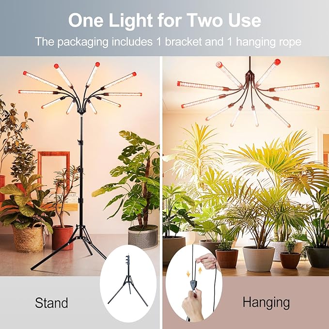 FECiDA Gamechanger! 90 Watt Power Draw NO Need Adapter 10Head Grow Light with Tripod Stand 2026 Big Coverage LED Grow Lights for Indoor Tall Plants Bonsai Tree 4/8/12/16/20H Timer