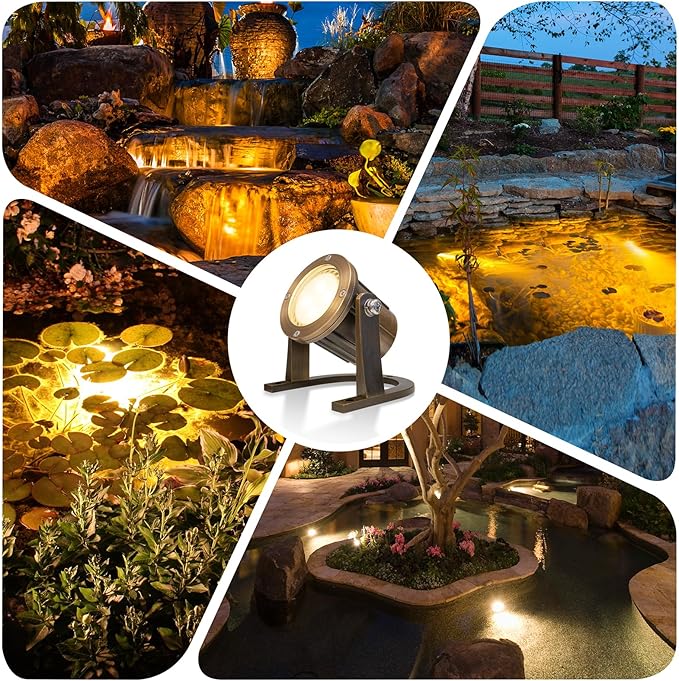 GKOLED Solid Brass Underwater Light Low Voltage LED Pond Lights Submersible Fountain Lighting with 5W 2700K 410LM MR16 Bulb 9-15V AC/DC Outdoor Landscape Light IP68 Rated Pool Spotlights 2 Pack