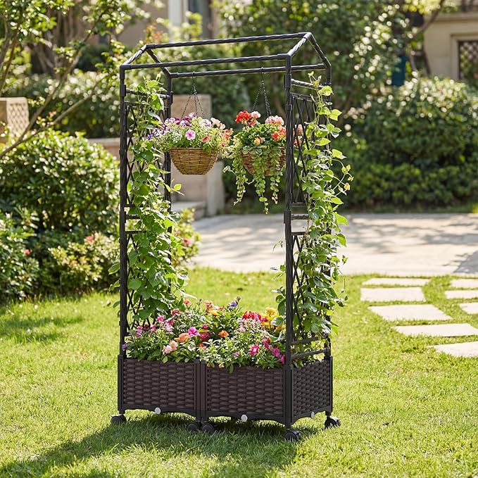 BECOMFORT Planter Box with Trellis 64”H Self-Watering Tomato Planter w/Wheels Hanging Roof &amp Drainage Holes Outdoor Indoor Raised Garden Bed for Climbing Vines Perfect for Patio Lawn &amp Ba