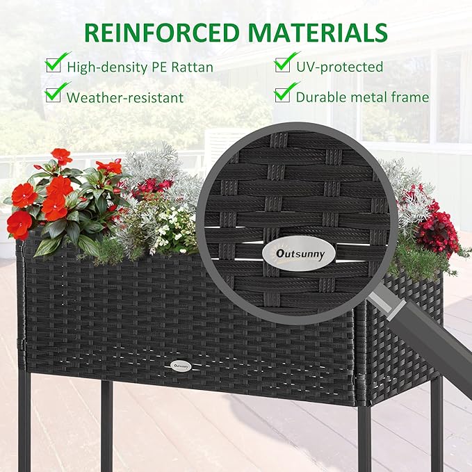 Raised Garden Bed Elevated Planter Box with Rattan Wicker Look Tool Storage Shelf Portable Design for Herbs Vegetables Flowers Black