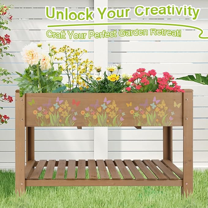Raised Garden Bed with Legs - Elevated Wooden Planter Box Durable Fir Wood Reinforced Frame with Drainage Holes Liner and Storage Shelf for Vegetables Herbs Flowers 47 x 23 x 30