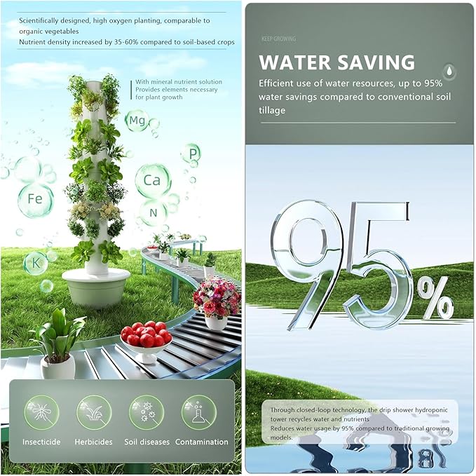 Vertical Hydroponics Growing SystemIndoor Outdoor Self-Watering Hydroponic Tower Garden Planter Tower with Pump for Herbs Fruits and Vegetables