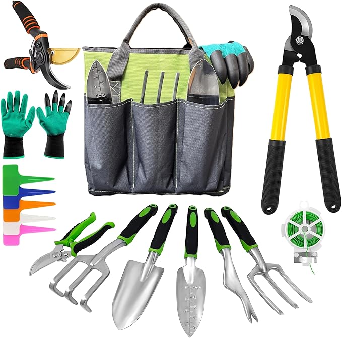 Gardening Tools – 42 Piece Premium Gardening Tool SetHeavy Duty Hand Tools with Fashion Garden Tools Organizer HandbagRust-Proof Gardening Tool Kit Ideal Gardening Gifts for All (Green/Grey)