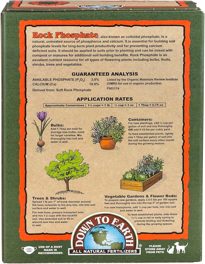 Down To Earth All Natural Fertilizers Organic Rock Phosphate - Calcium Phosphate Plant Food for Flower Beds and Vegetable Gardens 0-3-0 5 lb