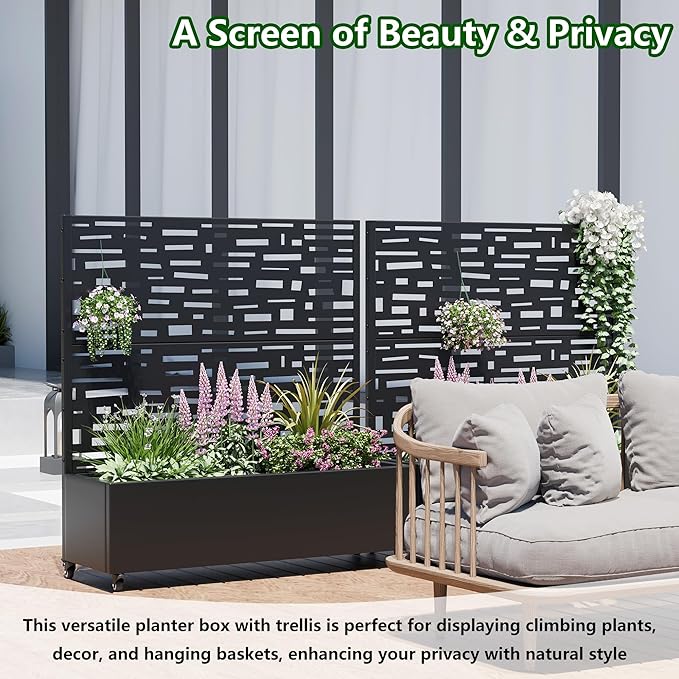 Casaphoria Raised Garden Bed Metal Planter Box with Trellis 47x47x16 for Outdoor Climbing Plants Flowers Vegetables and Vines Privacy Screen with Wheels and Drainage Holes(Black Street)