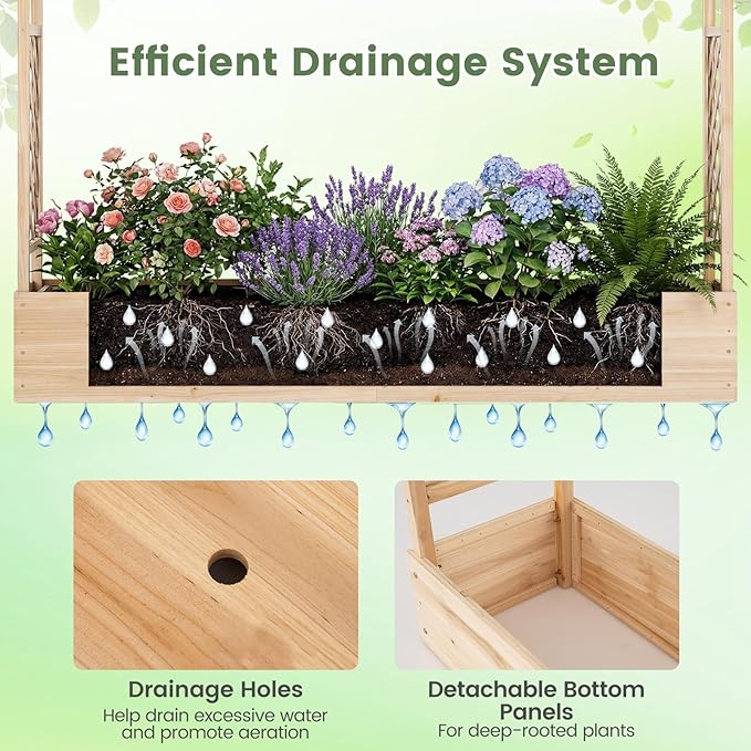 BECOMFORT Raised Garden Bed with Trellis &amp Hanging Roof 45 Tall Fir Wood Planter Box with Drainage Holes Outdoor Elevated Garden Planter for Climbing Vines Perfect for Patio Lawn &amp Backya