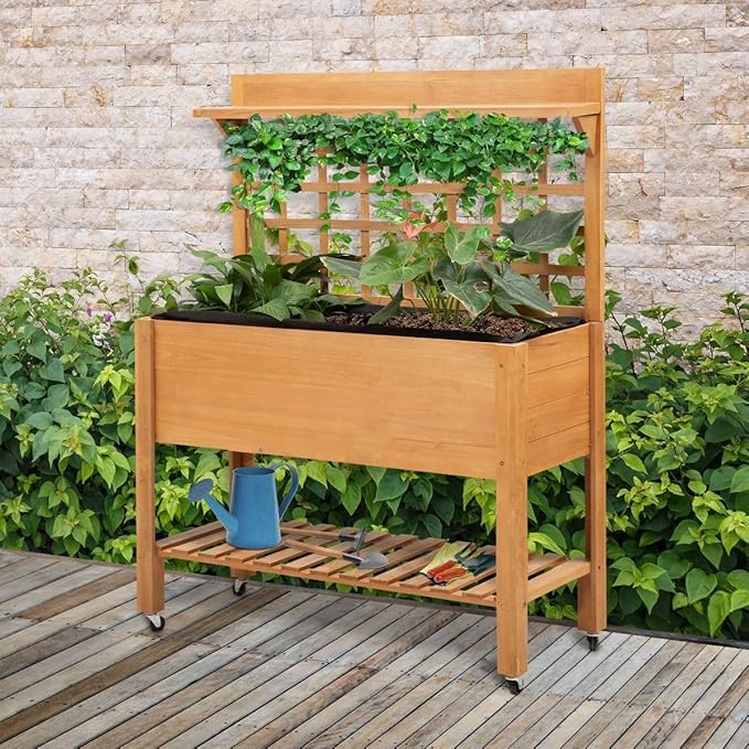 4- Shelf Premium Heavy Duty Durable Eco-Friendly Weatherproof Wooden Raised Garden Bed 46x23x18 53lb Light Brown Finish