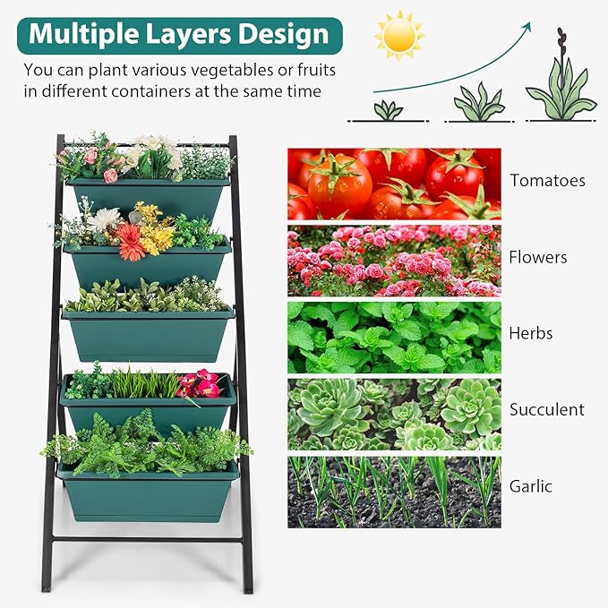 Giantex Set of 2 Vertical Planter Raised Bed Elevated Garden Beds with Water Drainage Hole Freestanding 5 Container Boxes for Herb Vegetables Flowers Growing Outdoor Indoor Patio Balcony