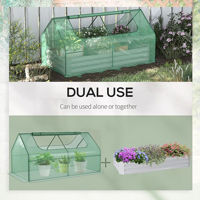 6' x 3' Galvanized Raised Garden Bed with Mini PE Greenhouse Cover Outdoor Metal Planter Box with 2 Roll Up Windows for Growing Flowers Fruits Vegetables and Herbs Light Gray