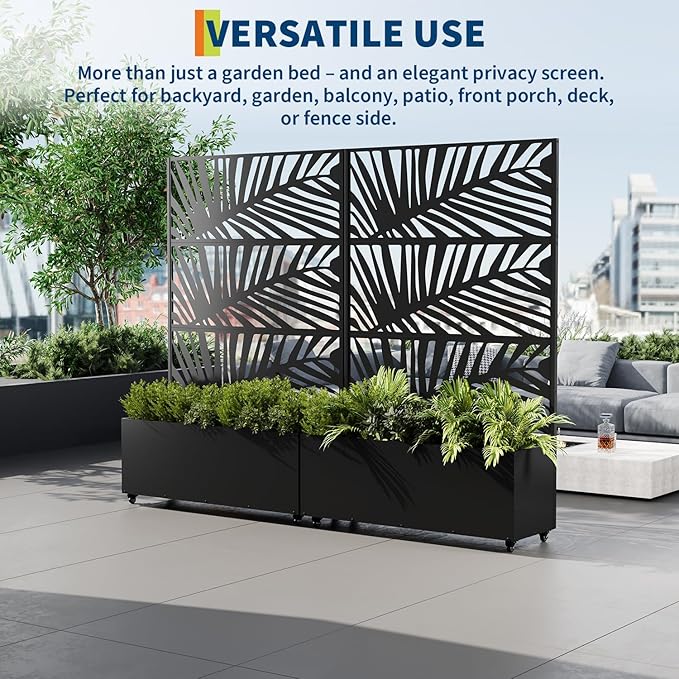 Metal Planter Box with Trellis 47X16X71 Raised Garden Bed w/Wheels Galvanized Metal Privacy Screen for Climbing Plants Vegetables Vines Patio Planters with Drainage Holes 16 Deep Bed