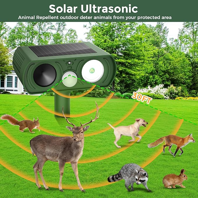 Upgraded Solar Ultrasonic Animal Repellent Outdoor Deer Repellent Devices Squirrel Cat Raccoon Rabbit Dog Deterrent Keep Skunk Away Motion Detection with Flash Light for Yard Garden Lawn 2PACKGreen
