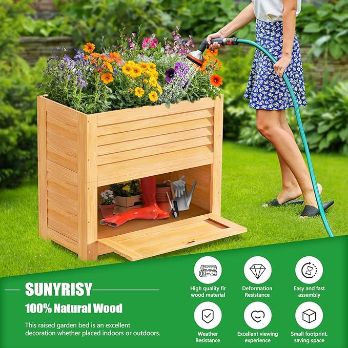 SUNYRISY Wooden Raised Garden Bed with Storage Box 34 L x 18 W x 30 H Elevated Large Planter Box for Planting Herb Vegetable Flower Outdoor Indoor Wood