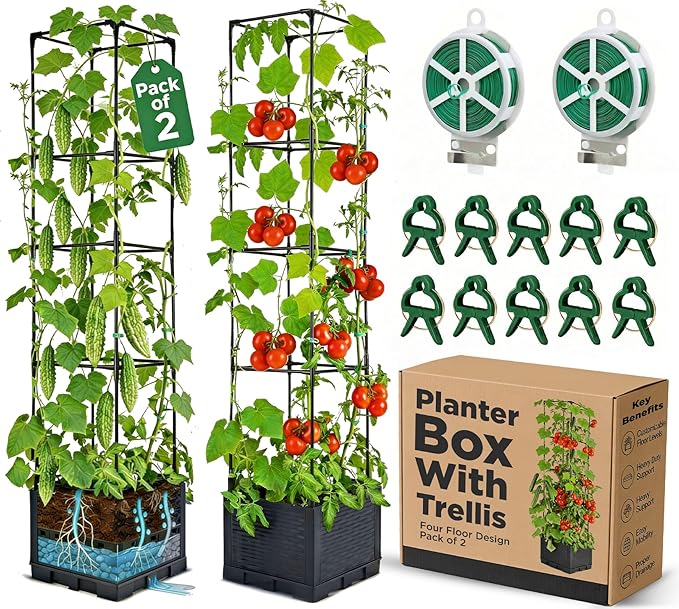 2 Pack Tomato Planter with Trellis 43 Inch Self Watering Planter Box with Trellis Vertical Raised Garden Bed Planter for Climbing Vegetables Indoor Outdoor Patio
