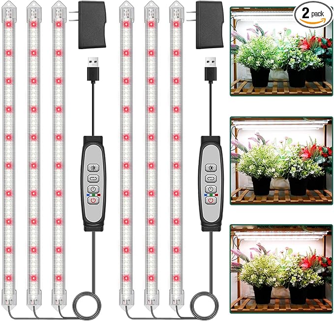 3-Bar Grow Light Strips for Indoor Plants 16 Full Spectrum Plant Lights 6500K Sunlike Grow Lights with 6/12/18H Timer 5-Level Dimmable for Indoor Growing(2 Pack)