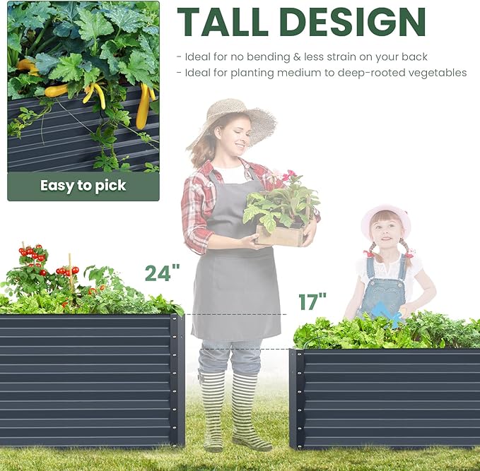 Galvanized Raised Garden Bed Box Planter for Outdoor Plants 17 Extra Tall Raised Garden Beds Outdoor Garden Boxes Outdoor Raised Metal Raised Garden Beds for Vegetables 96X48X17 Midnight Grey