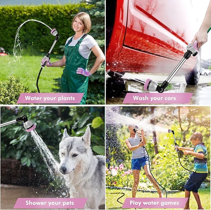 RESTMO Metal Watering Wand Heavy Duty Garden Hose Wand with 180° Swivel Ratcheting Head 16'' Hose Nozzle Sprayer with 7 Spray Patterns and Flow Control for Water Hanging Baskets and Shrubs Pink