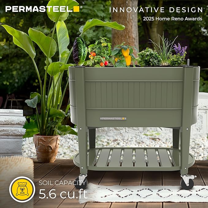 Permasteel Raised Garden Bed with Legs Planter Box with EnGrow™ TrueSoil™ Technology for Vegetables Flowers Herbs and Fruit Outdoor Indoor Storage Shelf Caster Wheels Green