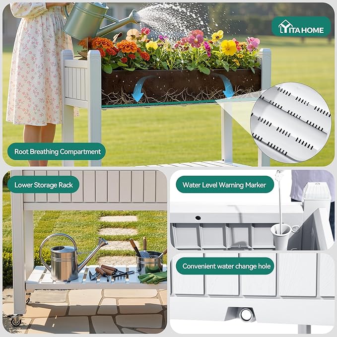 YITAHOME 42.5x17.3x35.4 in Raised Garden Bed Outdoor Plastic Planter Box with Wheels Legs Drain Plug and Storage Shelf for Plants Vegetables Flowers Herbs White