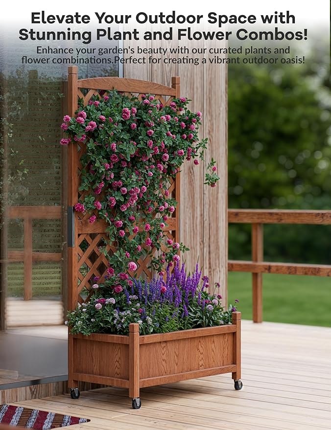 29.5 in x13 in x61.5 in Wooden Planter Box with Trellis &amp Locking Wheels - Elevated Garden Bed with Drainage for Plants/Flowers - Easy Assembly for Yard Balcony or Indoor Gardening 2 PCS