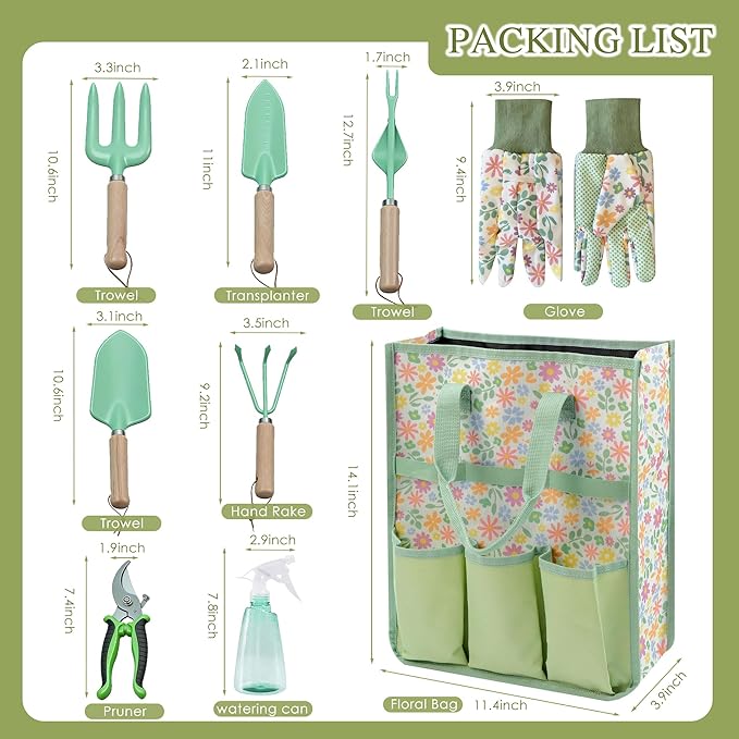 Gardening Tools 9-Piece Heavy Duty Gardening Hand Tools Set (Green) Stainless Steels and Reinforced Garden Supplies Kit Durable Garden Tools Organizer Handbag Ideal Garden Gifts for Women