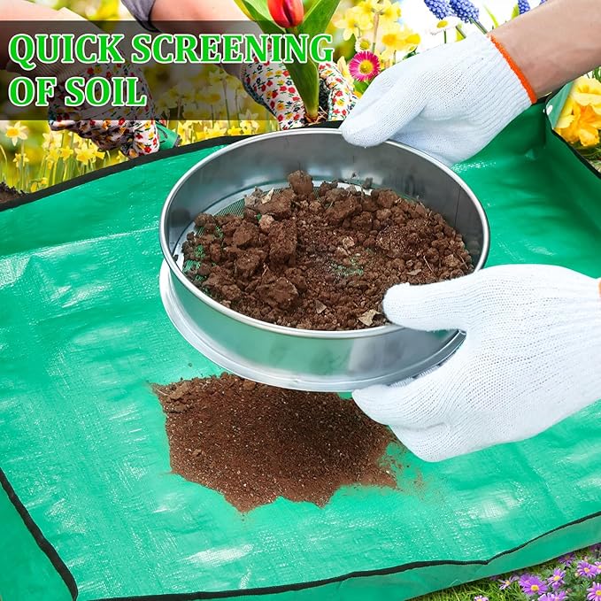 Soil Sifter for Gardening 8 Inch Stainless Steel Garden Sieve with 5 Replaceable Screens 1/3/6/9/12mm Garden Sifter with Shovel Gloves Planting Mat for Sand Rocks Dirt Compost