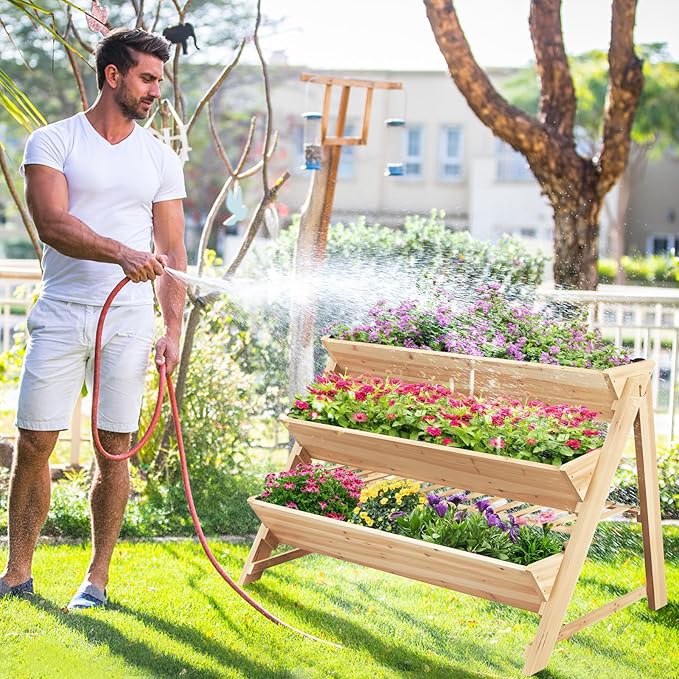 3-Tiers Raised Garden Bed Wooden Garden Planter with 3 Planter Box &amp Storage Shelf 2 Convenient Side Hooks Outdoor Elevated Plant Box Stand with Leg for Flowers Vegetables
