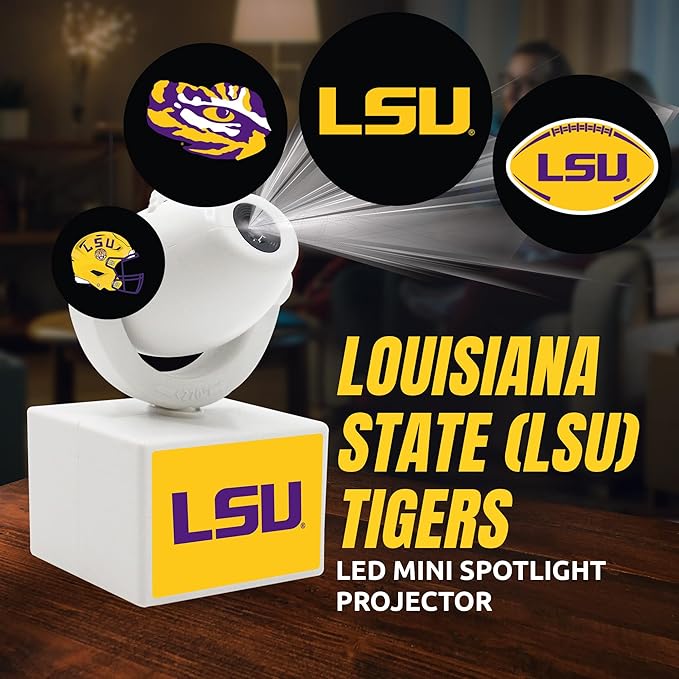 Sporticulture NCAA American Football LSU - Adjustable Led Mini Spotlight Projector with 6 Team Logo Designs - Portable &amp Rechargeable Spotlight - Battery-Operated - 4.375” x 3.125”