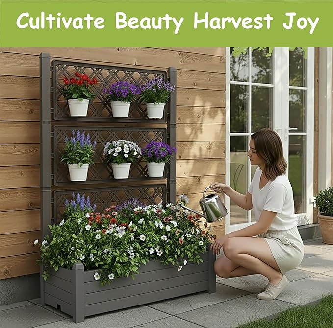 5.3' Tall Raised Garden Bed with Trellis Self Watering Planter Box for Outdoor Climbing Plants Resin Garden Lattice for Vegetables Flowers Tomato &amp Vine with Drainage Holes (Coffee 4 pack)