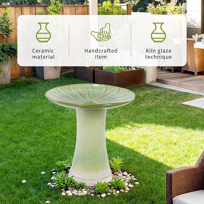 Handmade Green Gradient Glaze Ceramic Bird Bath 16.93 inch Diameter 18.11 inch Height Outdoor Gfor Birds Bathing Feeding Lightweight Weather Resistant