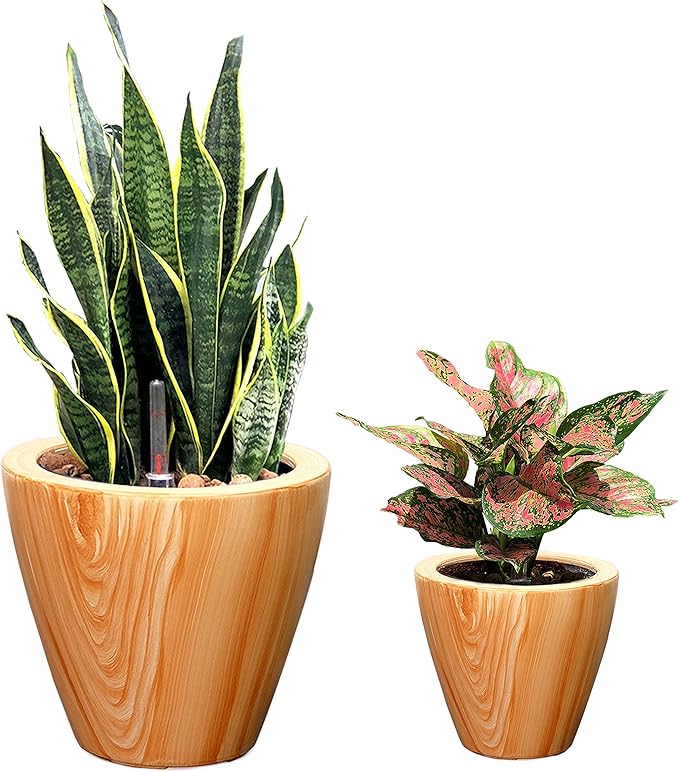 2 Pack 10 in. Light Wood Plastic Self Watering Planter Pot