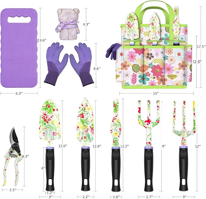 JUMPHIGH Gardening Tool Set 10 PCS Heavy Duty Aluminum Garden Kit Floral Gardening Gifts for Women Garden Hand Tools with Non-Slip Rubber Handle Kneeling Pad Garden Gloves and Storage Tote Bag