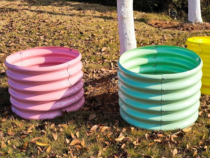 A ANLEOLIFE Kids Mini Raised Garden Beds Outdoor (4-Pack)-24x24x18in Round Galvanized Metal Planter Box for Planting Vegetables Flowers Fruits Eco-Safe &amp Easy Setup Blush Pink