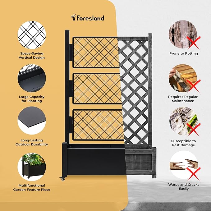 Metal Raised Garden Bed with Trellis 72Hx46Wx16D Inch Large Outdoor Planter Box for Climbing Plants Vegetables &amp Vines Privacy Screen with Wheels and Drainage Holes Black