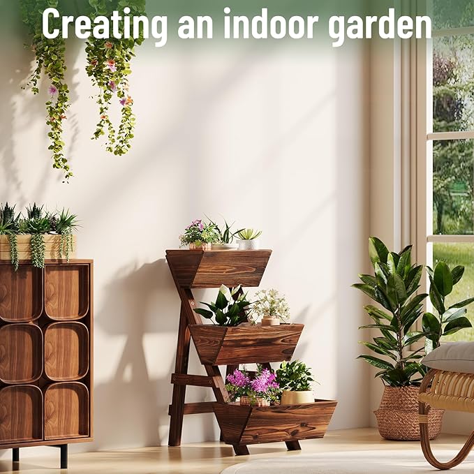 Vertical Wooden Raised Garden Bed Garden Planters Freestanding Wood Plant Stand Flower Rack Wooden Planter Box for Plants Herbs Flowers Vegetables Outdoor Indoor Gardening (3-Tier Small Carbonized)