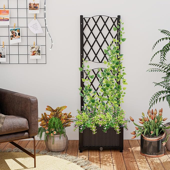 LDAILY Moccha Raised Garden Bed with Trellis - Planter with Trellis Self-Watering Device Drainage Hole Standing Garden Bed for Climbing Plant Vegetable Herb Flower (16”L x 16”W x 48”H)