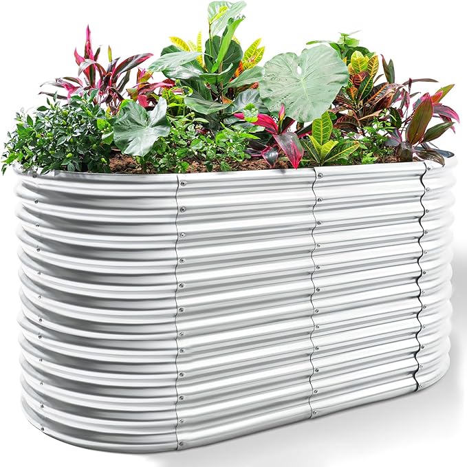 Land Guard 8x4x3ft Oval Galvanized Raised Garden Beds Large-Capacity Metal Planter Box Outdoor Durable Deep Raised Garden Bed 3ft Tall Raised Beds for Gardening Vegetables Classic Silver