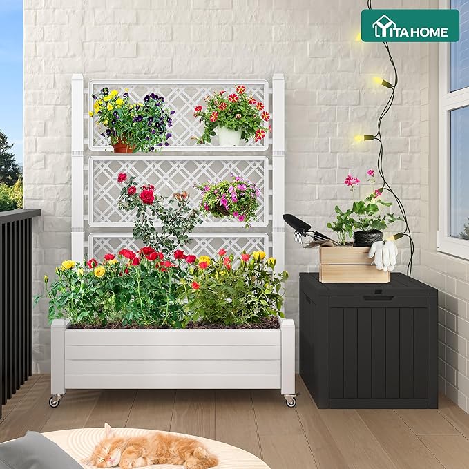 YITAHOME 43.3x17.7x61 in Planter Boxes Outdoor with Trellis 2pcs Resin Raised Garden Bed with Wheels &amp Drain Plug for Climbing Plants White