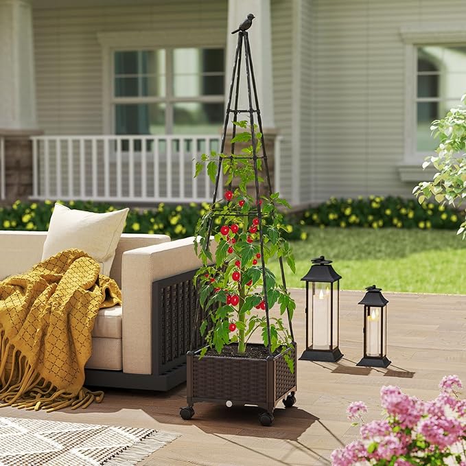 Giantex Raised Garden Bed with Wheels &amp Tomato Cage Self Watering Planter Box with Obelisk Trellis Adjustable Height Indoor Outdoor Planter for Climbing Plant Flower Vegetable Fruit (1)