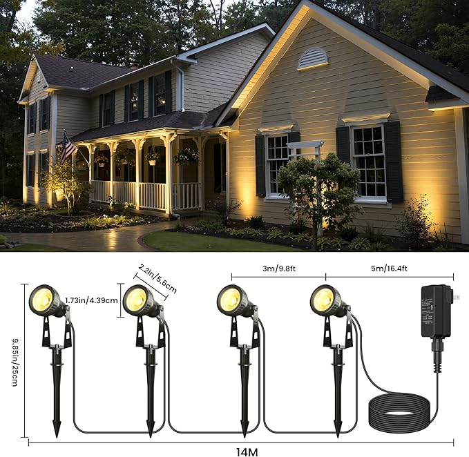 Outdoor Landscape Lighting 4-Pack Outdoor Spot Lights with Transformer Plug in LED Spot Lights for Garden Yard Backyard Plants Lawn Trees House Flags IP65 Waterproof – Warm White