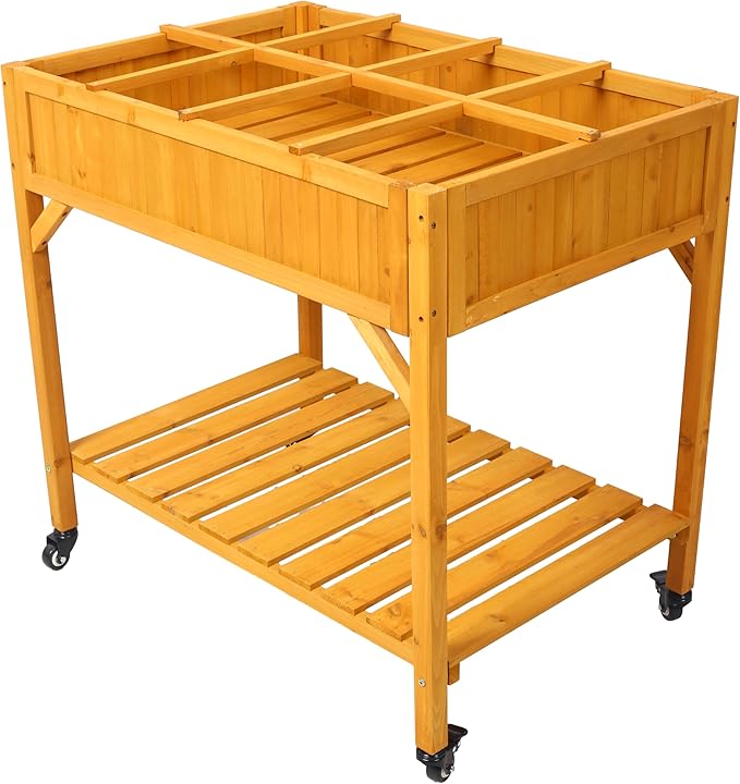 Elevated 8 Pocket Herb Garden Bed Mobile Raised Customizable Wood Planter for Herbs Vegetables Flowers w Lockable Wheels Storage Shelf Drainage Holes