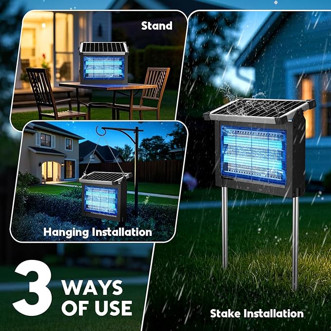 Solar Bug Zapper Outdoor Waterproof Mosquito Zapper Outdoor Solar Powered 4500V Electric Bug Zapper Indoor w/Smart Light Sensor Mosquito Trap Fly Zapper for Patio Kitchen Garage Yard Camping