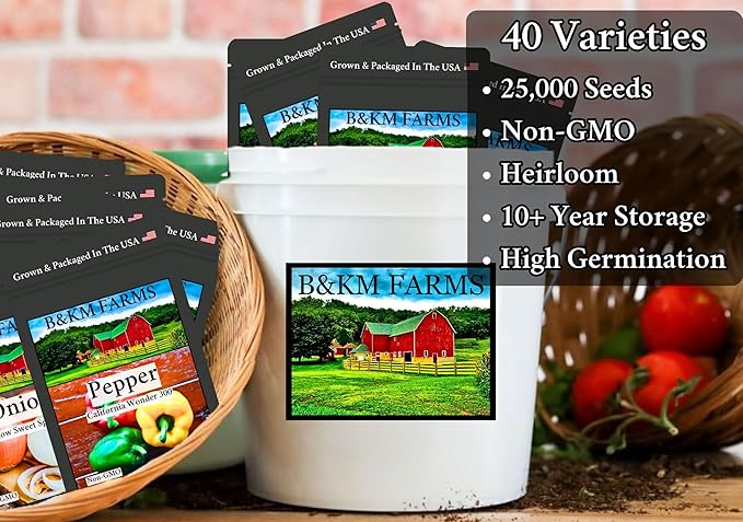 B&ampKM Farms 25000+ Heirloom Vegetable Seed Vault - 40 Non-GMO Varieties for Home Gardening &amp Food Security - Long-Term Mylar Storage in Weather-Resistant Reusable Pail - Made in USA