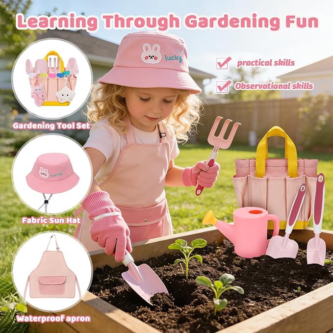 Kids Gardening Tools SetGardening Tools for KidsToddler Gardening Tools with Gloves Watering Can Metal Shovel Rake Spade &amp Storage Bag Garden Book and More Educational STEM Learning for Gir