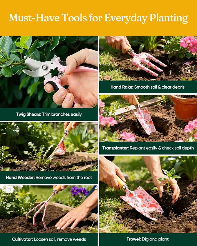 12-Piece Womens Gardening Tools Gift Set Rust-Proof &amp Heavy-Duty Garden Tools with Durable Carrying Case Fashionable &amp Thoughtful Gardening Gifts for Women&ampMen (Pink)
