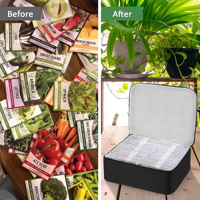 26 Slots Seed Storage Organizer Box with Insulated Bag That Holds 80-200 Seed Envelopes Oxford Cloth Garden Seed Containers with Labels Seed Packet Organizer for Plant Flower Vegetable Seeds