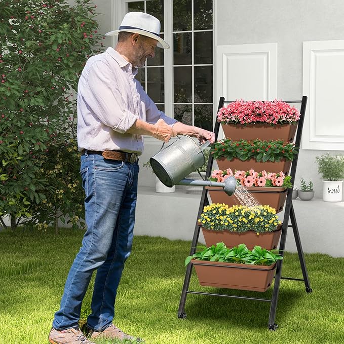 HAPPYGRILL Vertical Raised Garden Bed 5-Layer Freestanding Garden Planter with Drainage Holes Container Boxes Elevated Planter Box for Herb Vegetable Flower Growing (2 Brown)