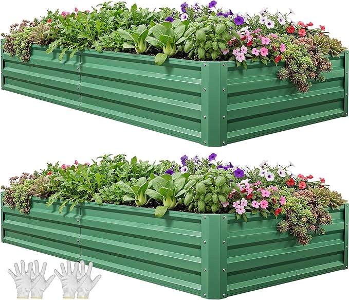 YITAHOME 6x3x1ft 2pcs Large Raised Garden Bed Kit Galvanized Metal Planter Box with Gloves Ground Nails Support Rod Outdoor Above Ground Planters for Plants Vegetables Flowers Green