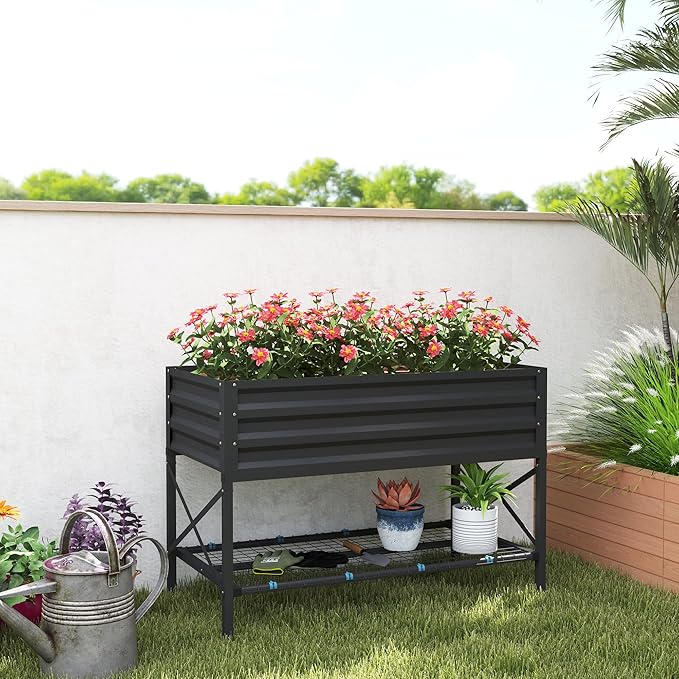 Outsunny Raised Garden Bed with Galvanized Steel Frame Storage Shelf and Bed Liner Elevated Planter Box with Legs for Vegetables Flowers Herbs Dark Gray