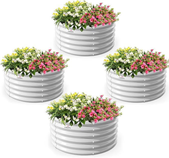 A ANLEOLIFE 4-Pack 4ft x 18” Tall Round Galvanized Raised Garden Beds Outdoor for Planting Vegetables Flowers Herb Antique White