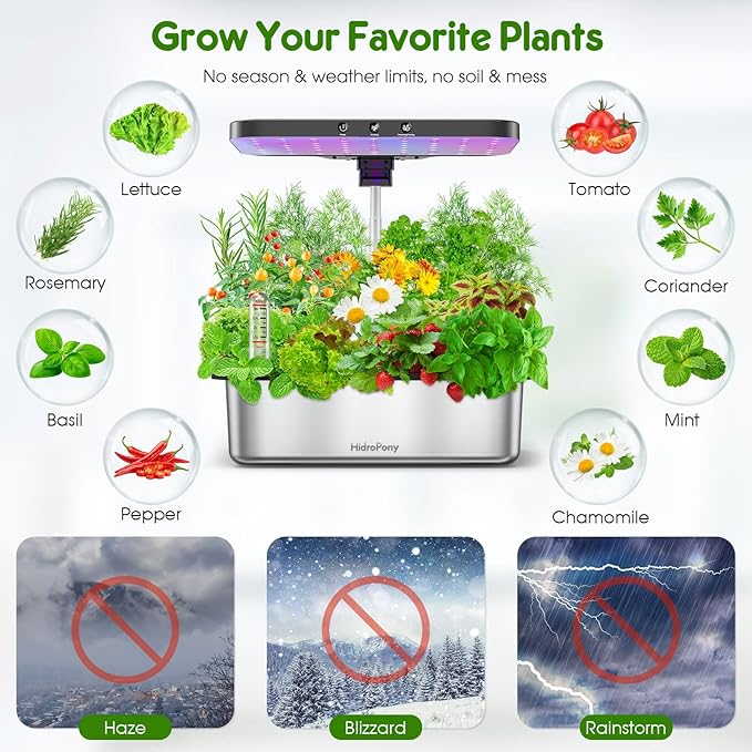 Indoor Garden Hydroponics Growing System: 15 Pods Stainless Steel Herb Garden Kit with Grow Light Plant Germination Kit 6L Large Tank Quiet Pump Auto Timer Christmas Gardening Gift for Women